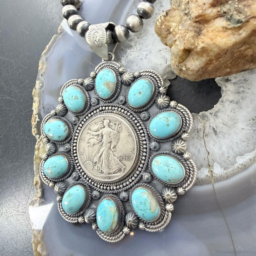 1943 Genuine 90% Silver Walking Liberty Half Dollar Coin w/Turquoise Uni Pendant - Picture 5 of 10